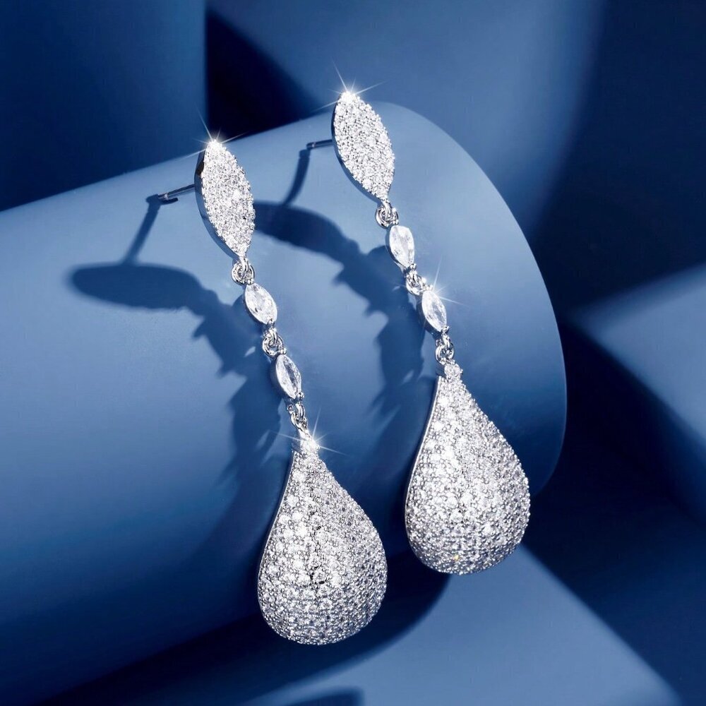 Silver Elegant Women's Cubic Zirconia Gold Plated Pendant Earrings